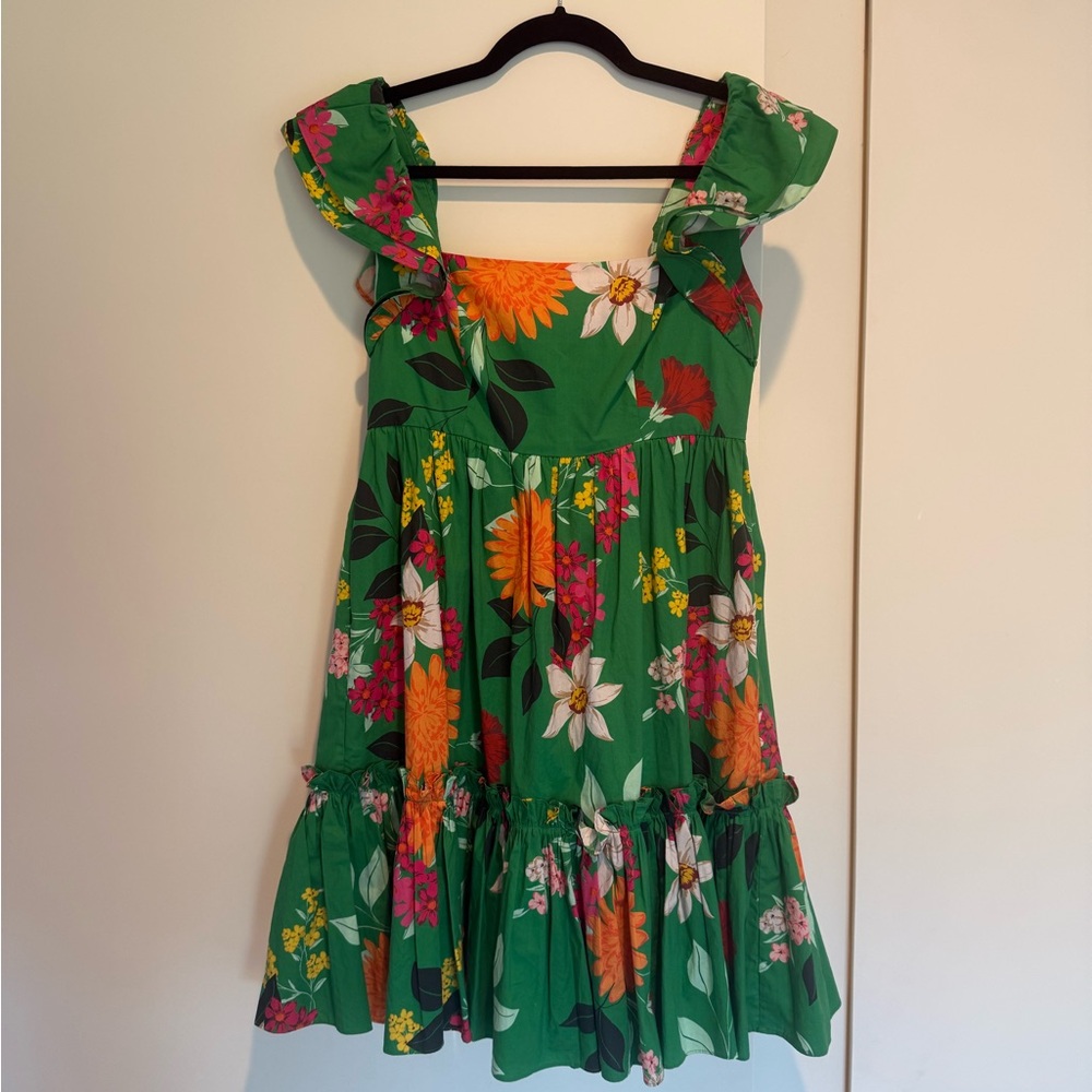 Cara Cara Green Floral Mini Dress with Orange, Pink & White Flowers